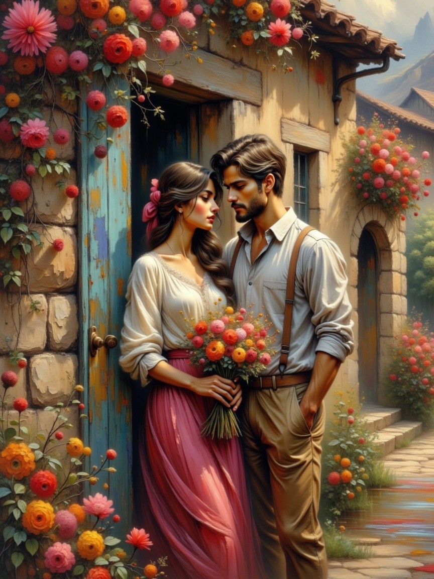 Romantic Couple in Rustic Setting with Flowers