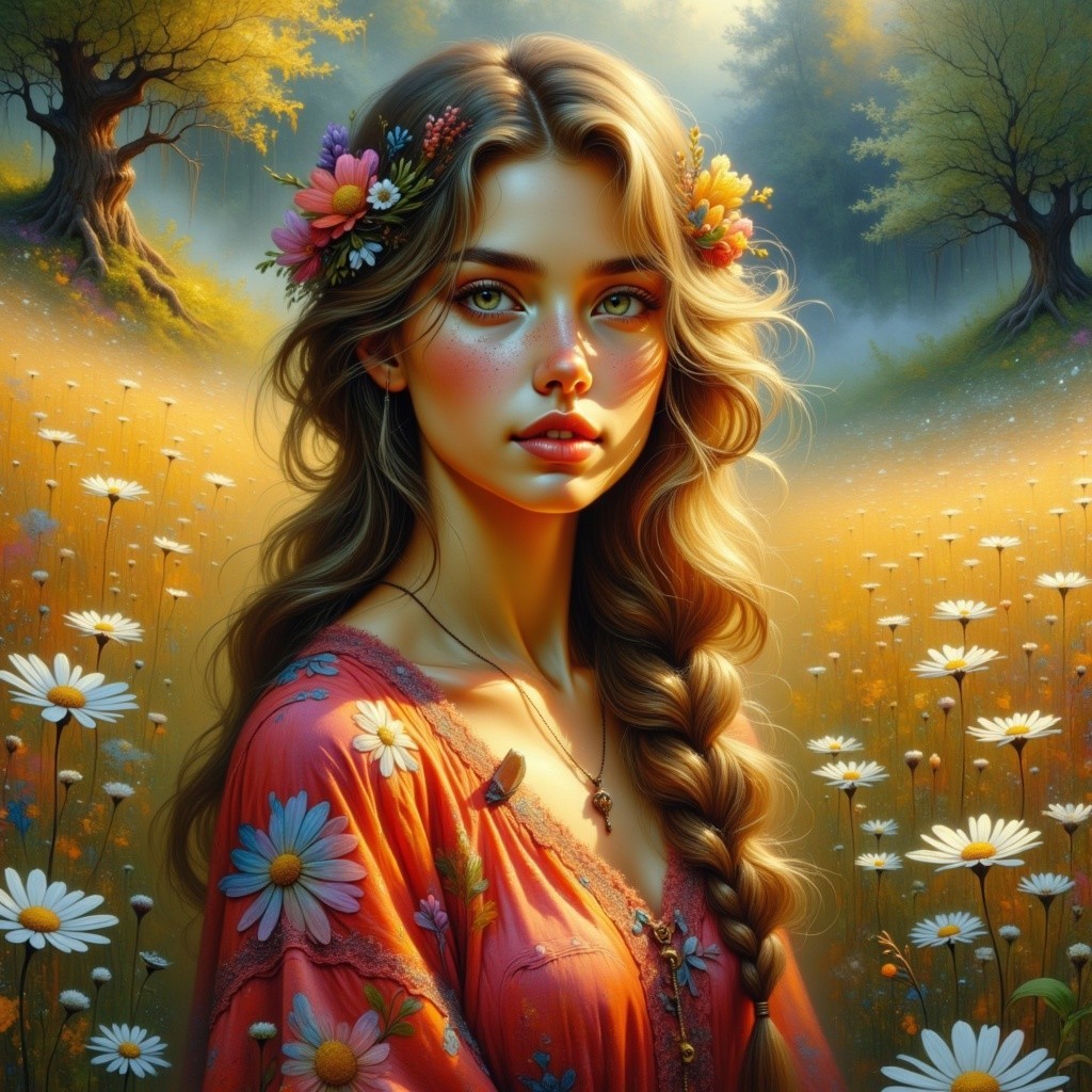 Young woman in vibrant dress in sunlit meadow