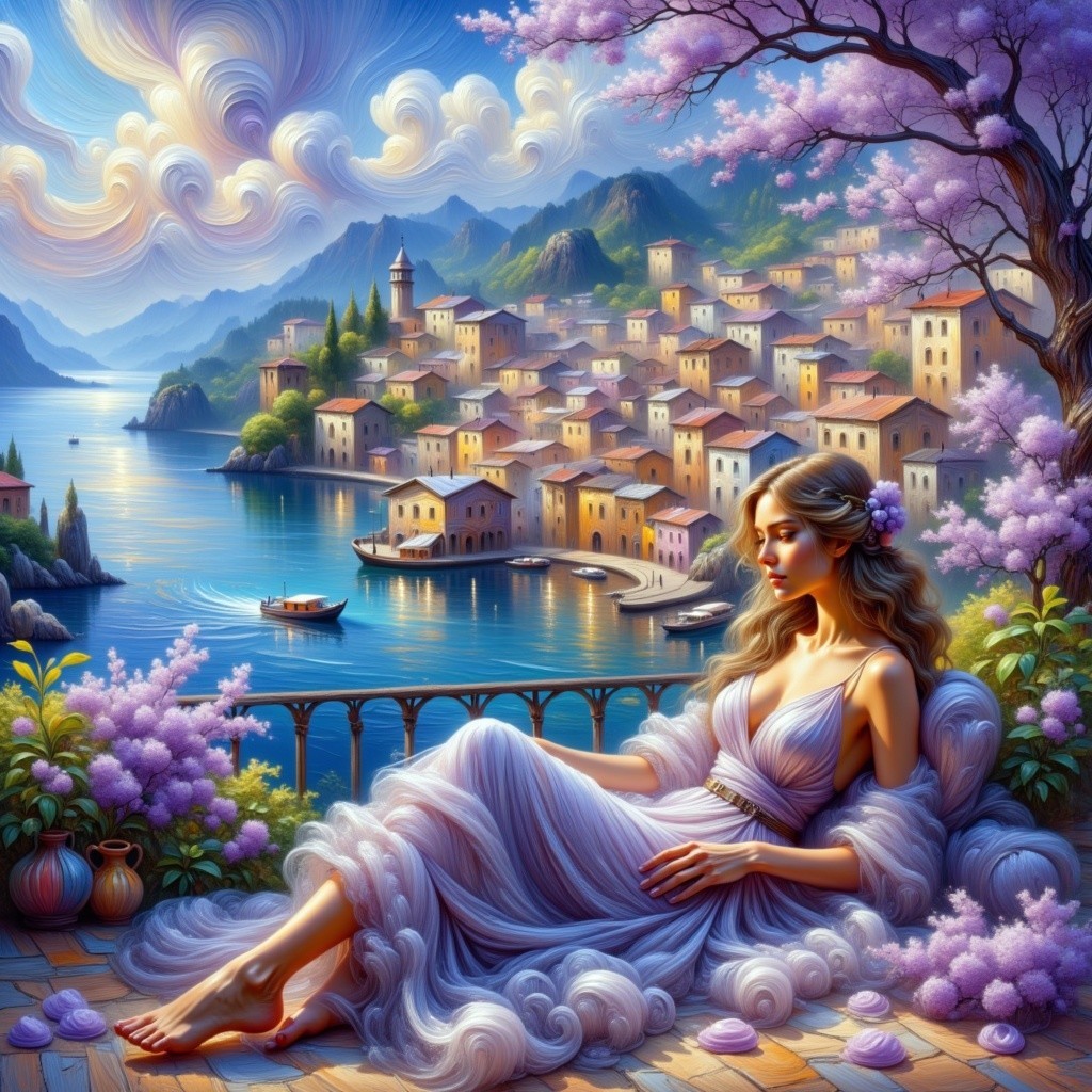 Fantastical Painting of Woman on Balcony by Seaside Town