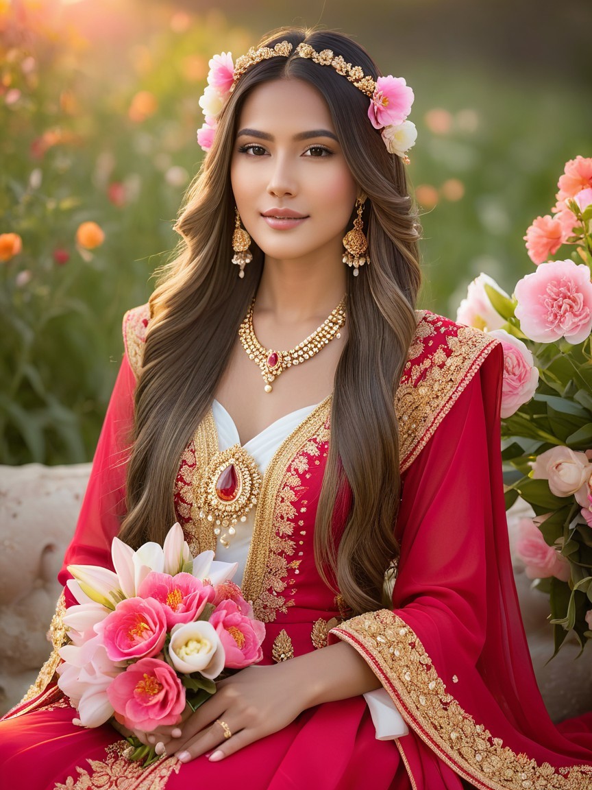 Woman in red gown in a blooming flower garden