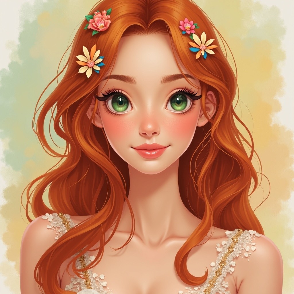 Vibrant Illustration of a Young Woman with Floral Clips