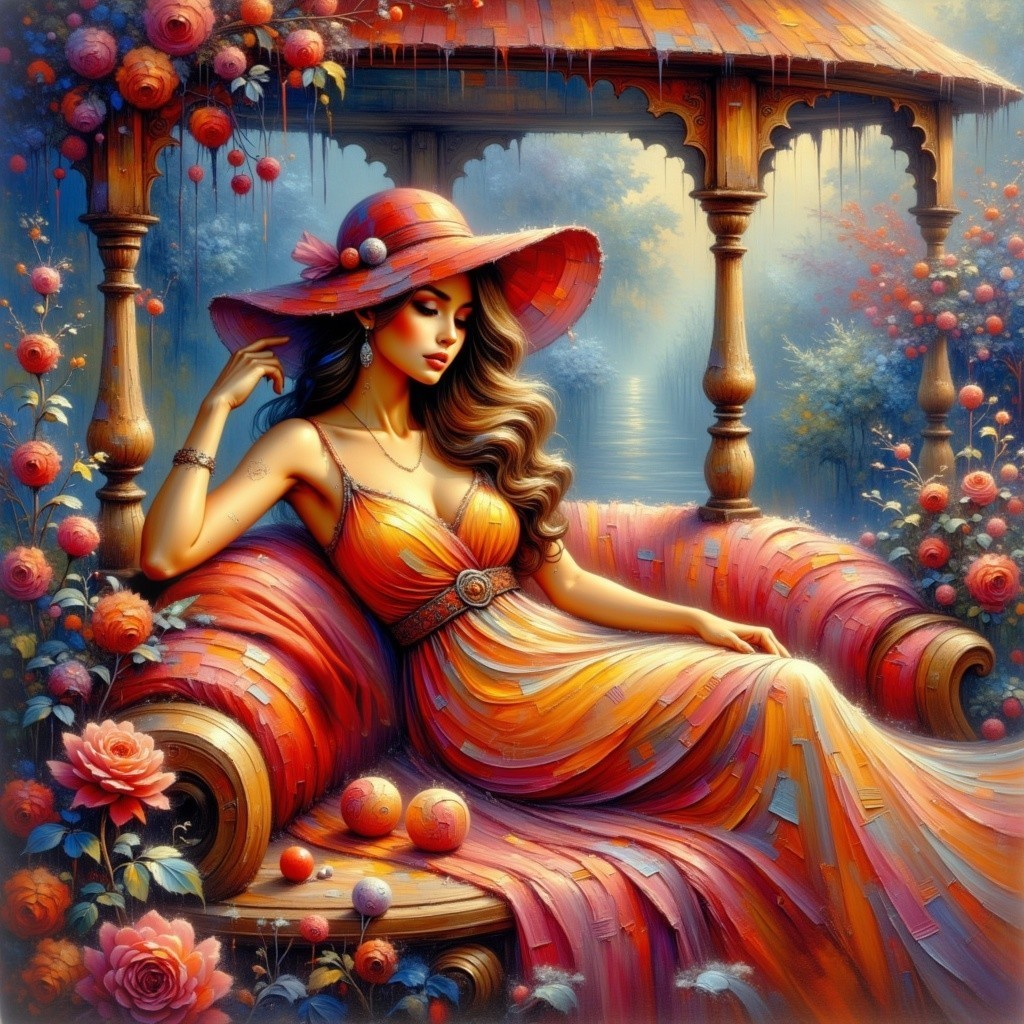 Serene Woman in Orange Gown on Ornate Sofa