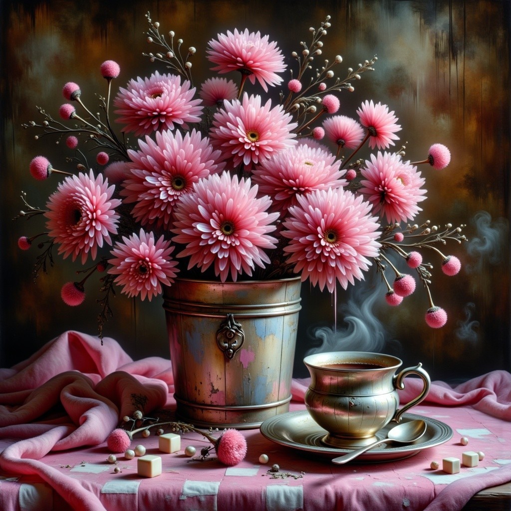 Pink Daisies in Vintage Bucket with Teacup and Cloth