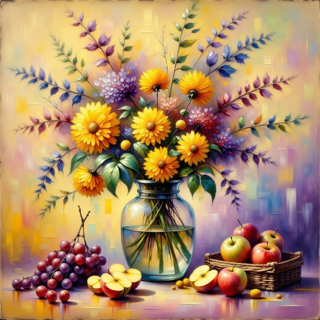 Vibrant Still Life with Flowers and Fresh Fruit