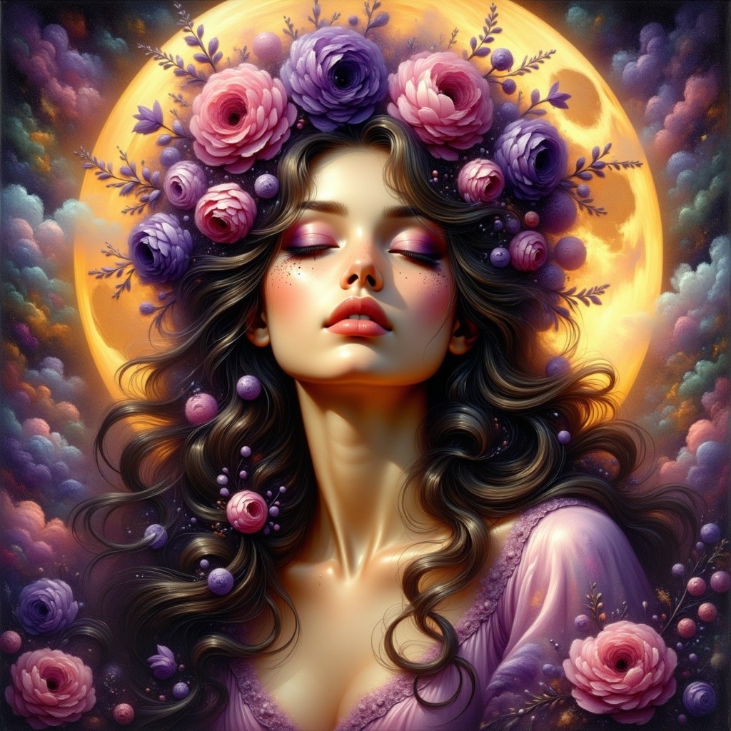 Serene figure with floral crown under full moonlight
