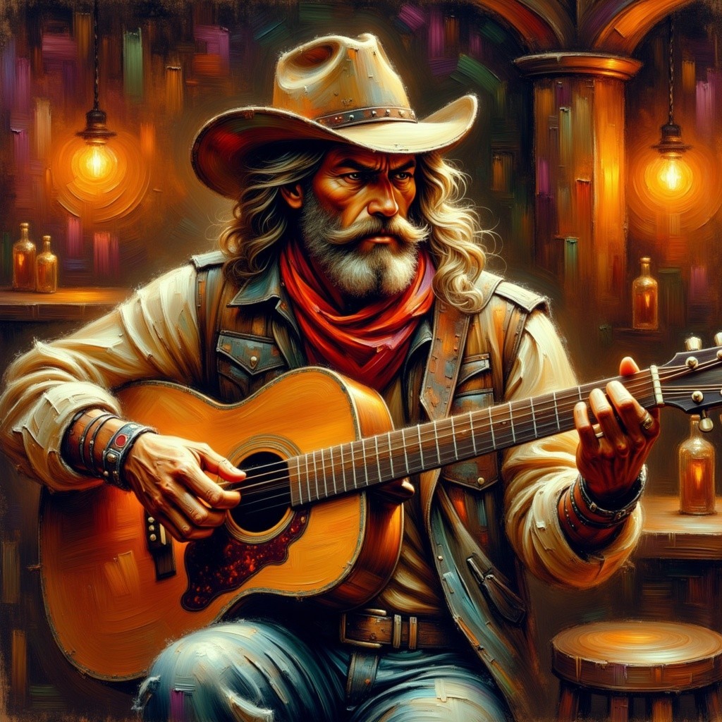 Cowboy with Guitar in Rustic Bar Setting