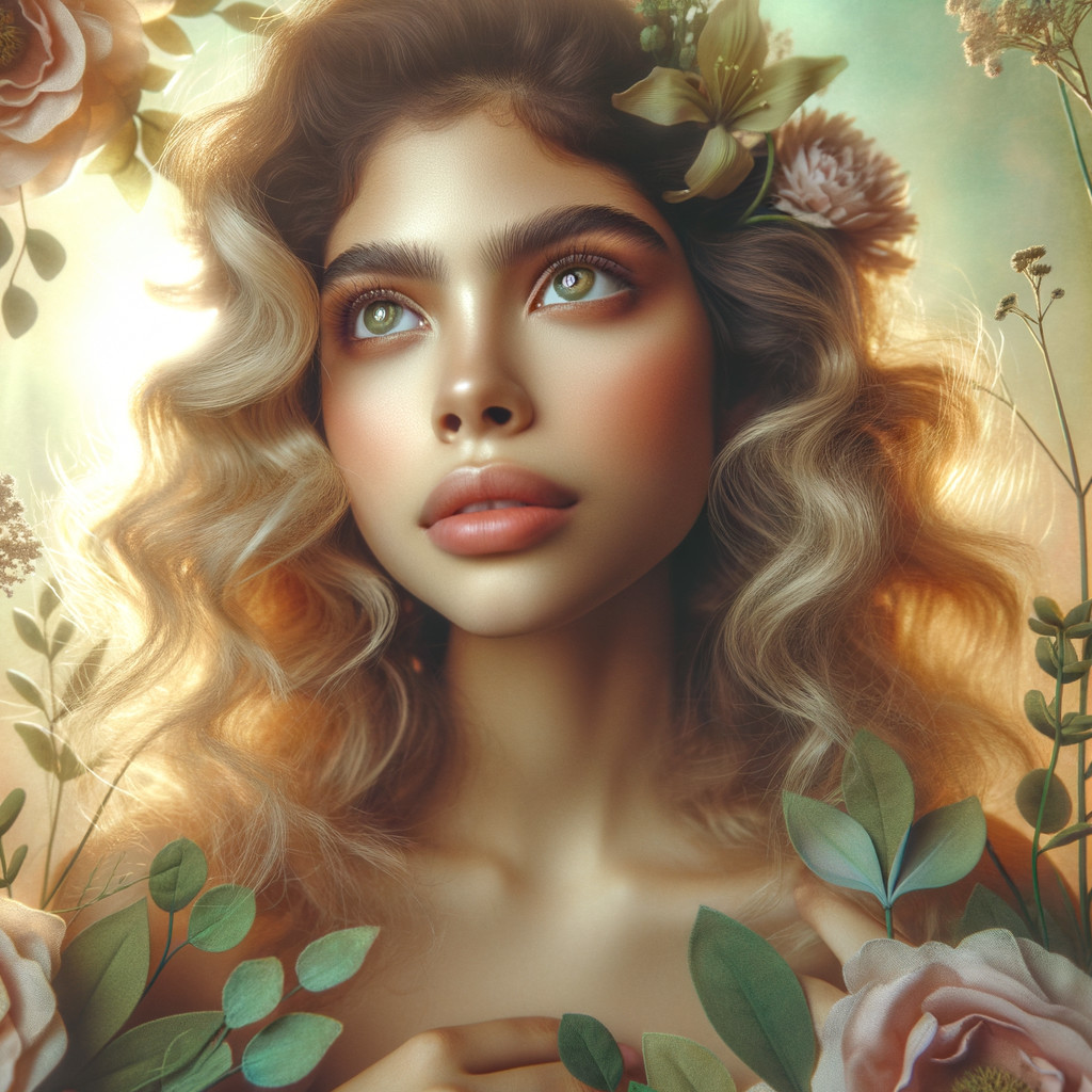Young woman with wavy hair and floral adornments