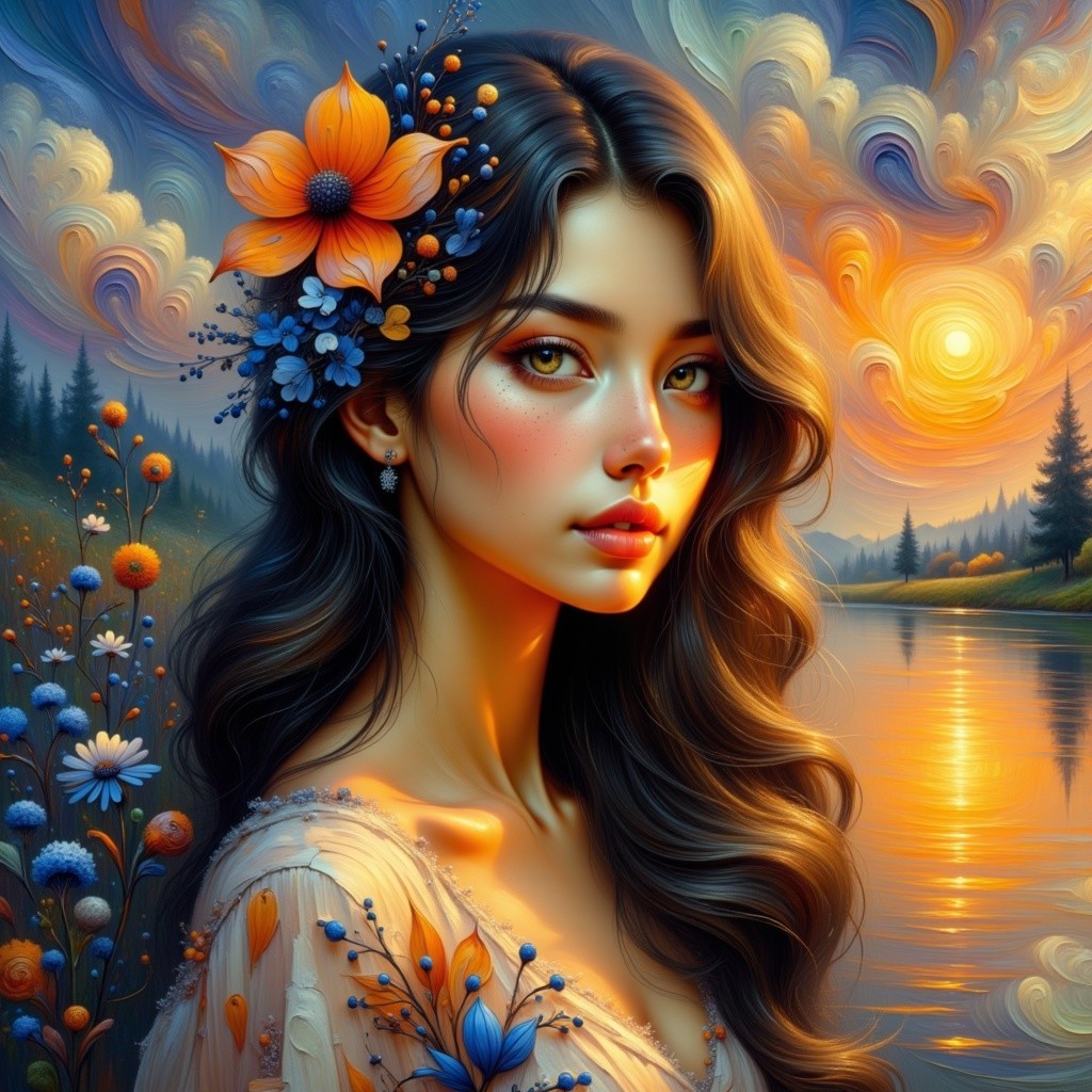 Portrait of a Young Woman with Flowers at Sunset