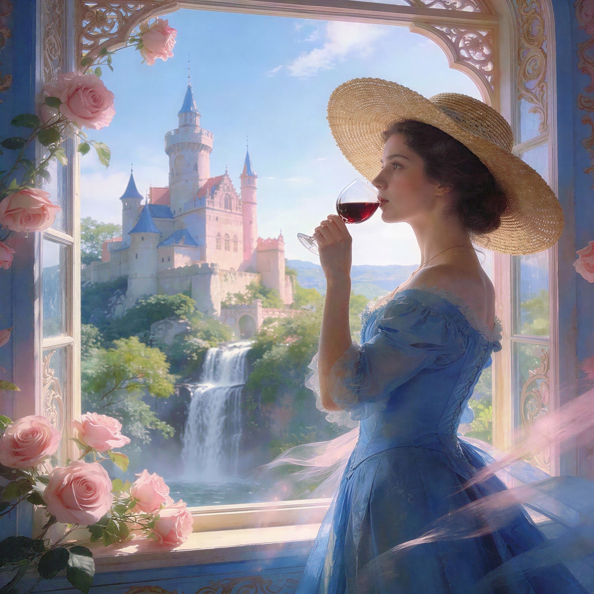 Woman in Blue Dress by Castle and Waterfall