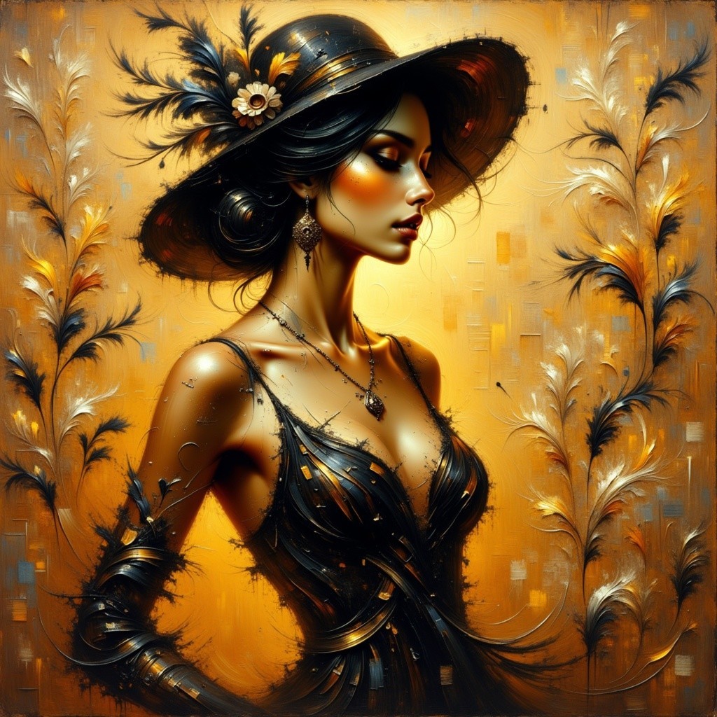 Portrait of a Woman in Glamorous Dark Dress and Hat