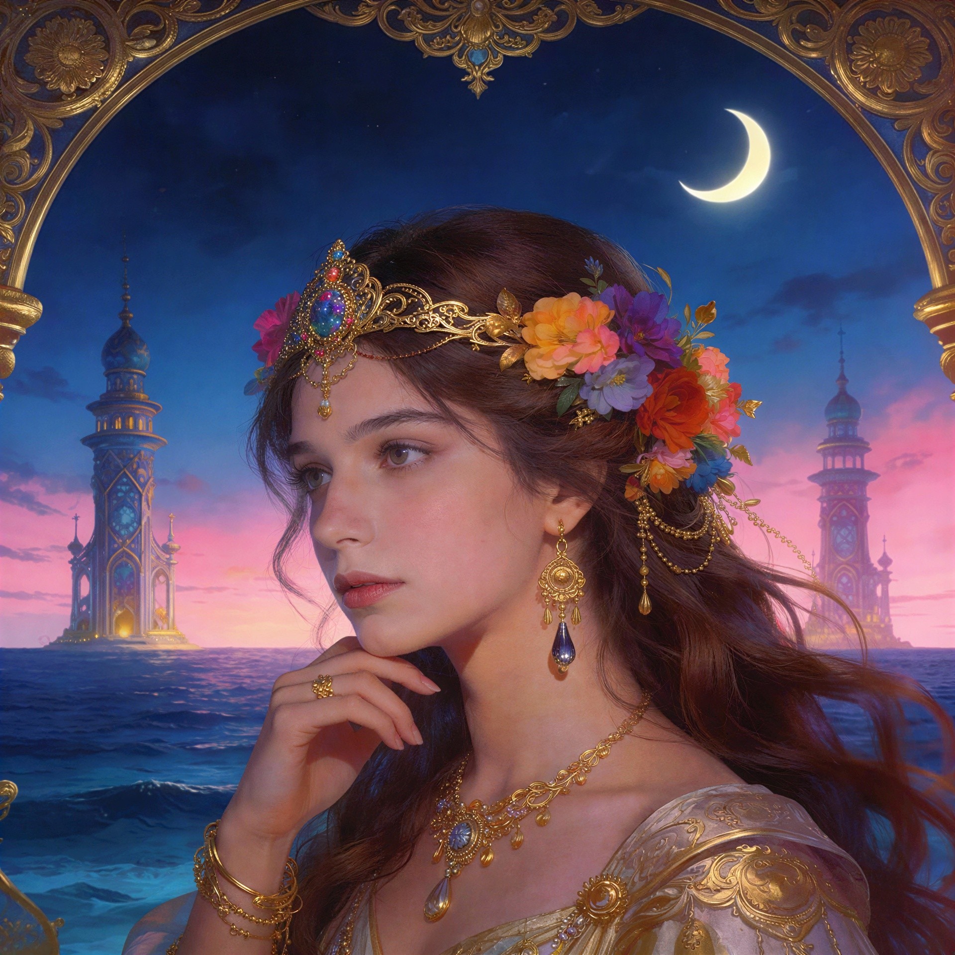 Renaissance Painting of a Woman with Ocean Background