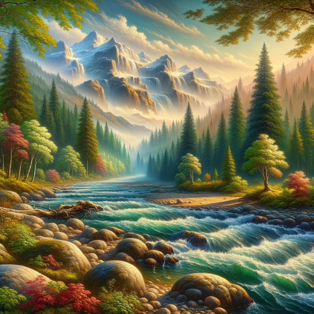 Serene Landscape with River and Snow-Capped Mountains