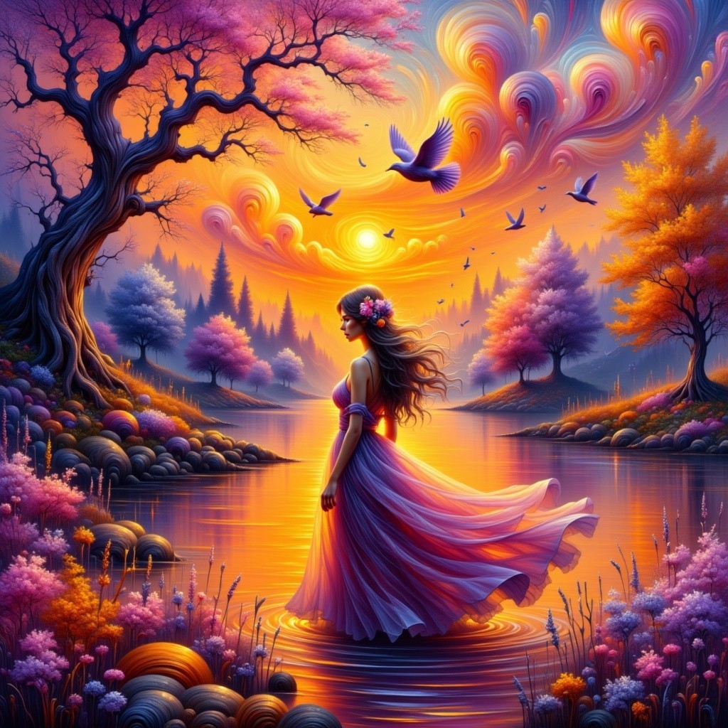 Sunset Landscape with Woman by Serene Lake