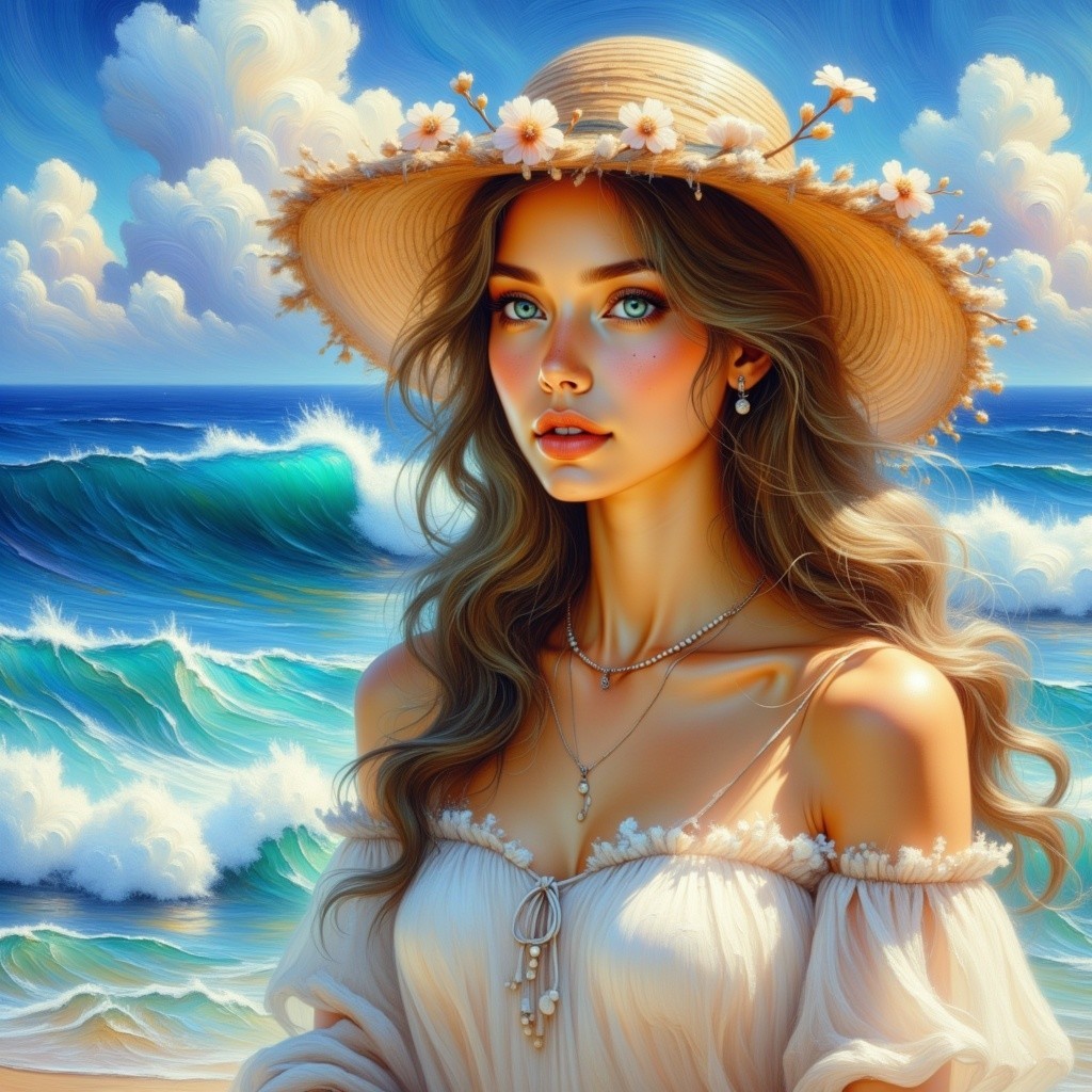 Young woman by the shore with flowers and ocean waves