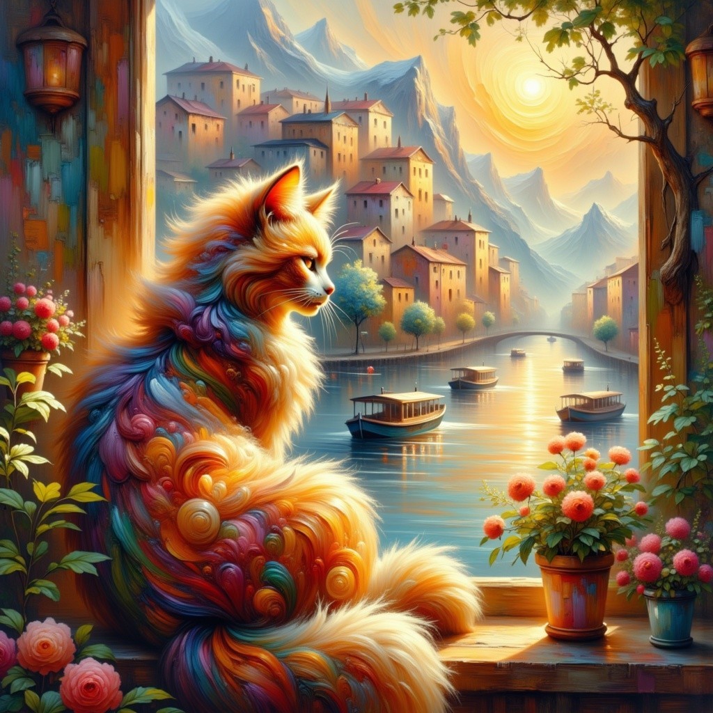 Vibrant Cat by Window Overlooking Serene Landscape