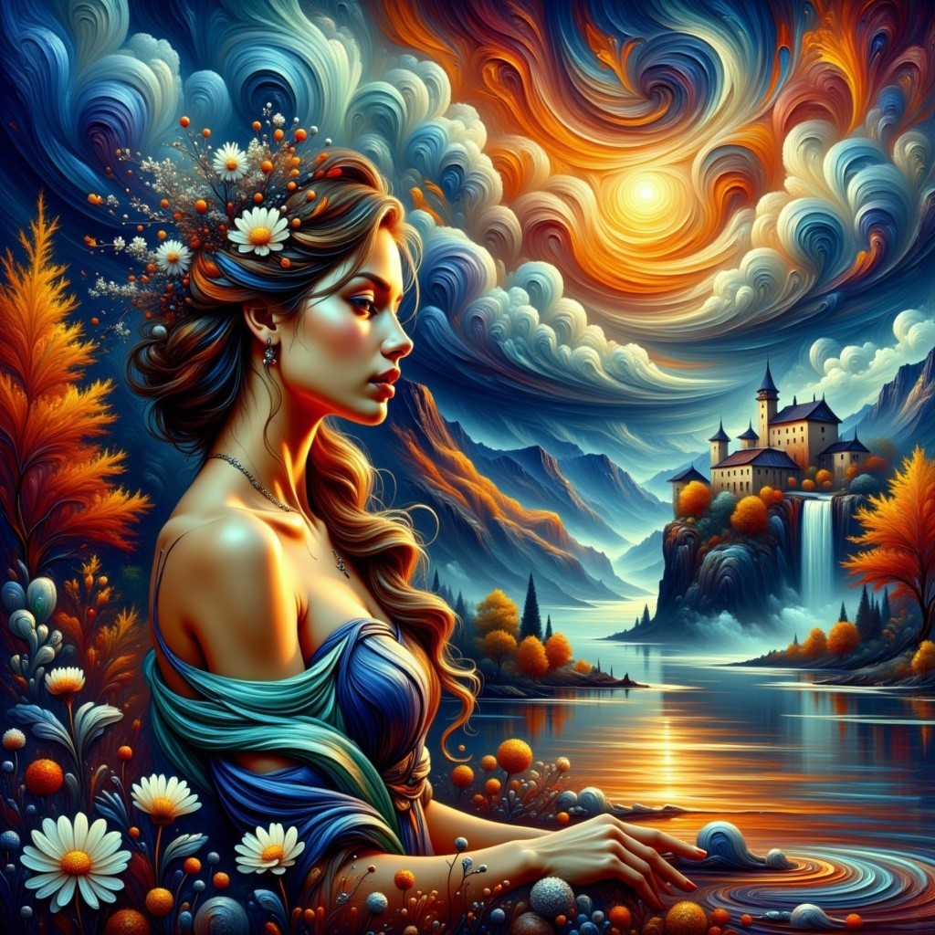 Serene Woman in Colorful Fantasy Landscape with Castle