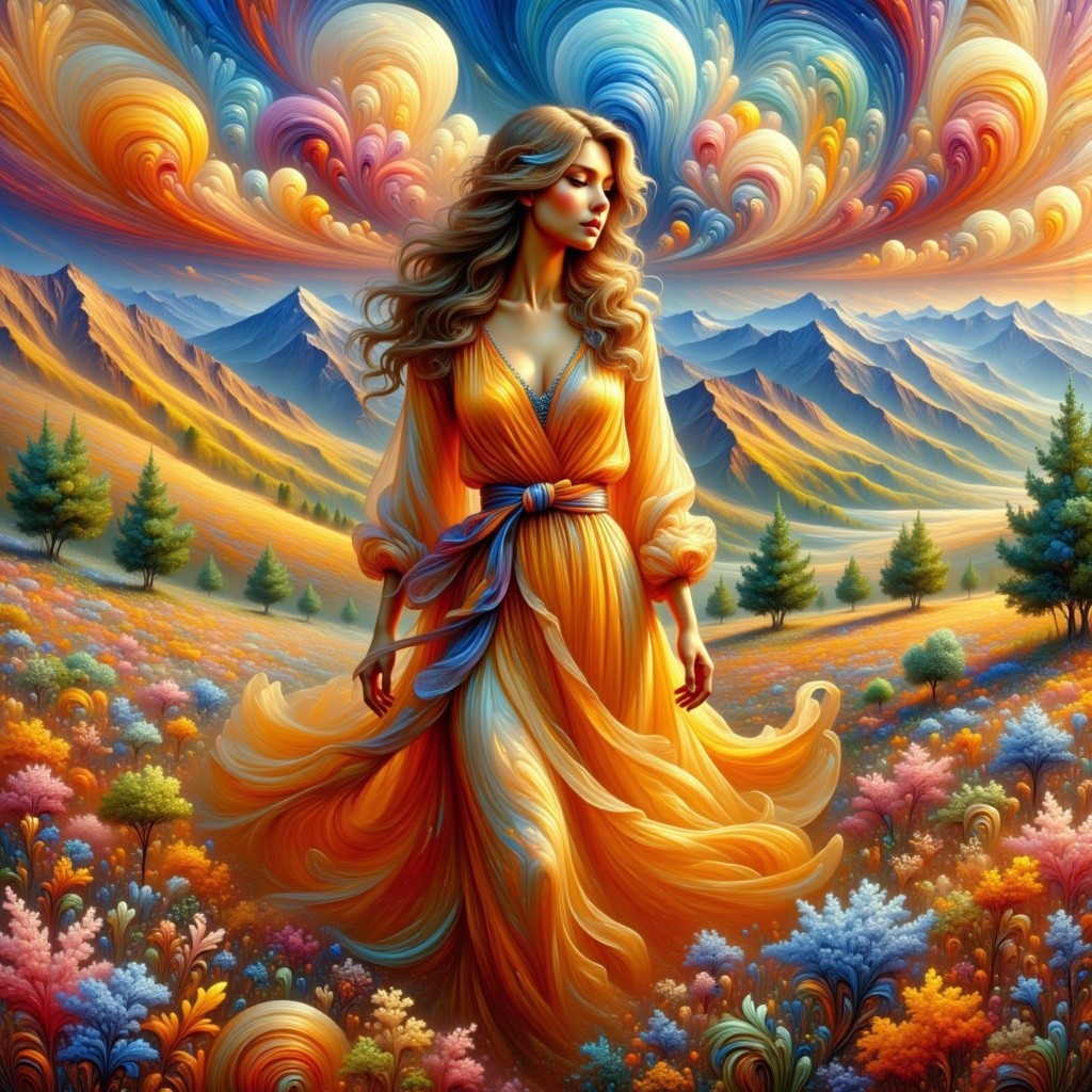 Graceful Figure in Orange Gown Amid Colorful Landscape