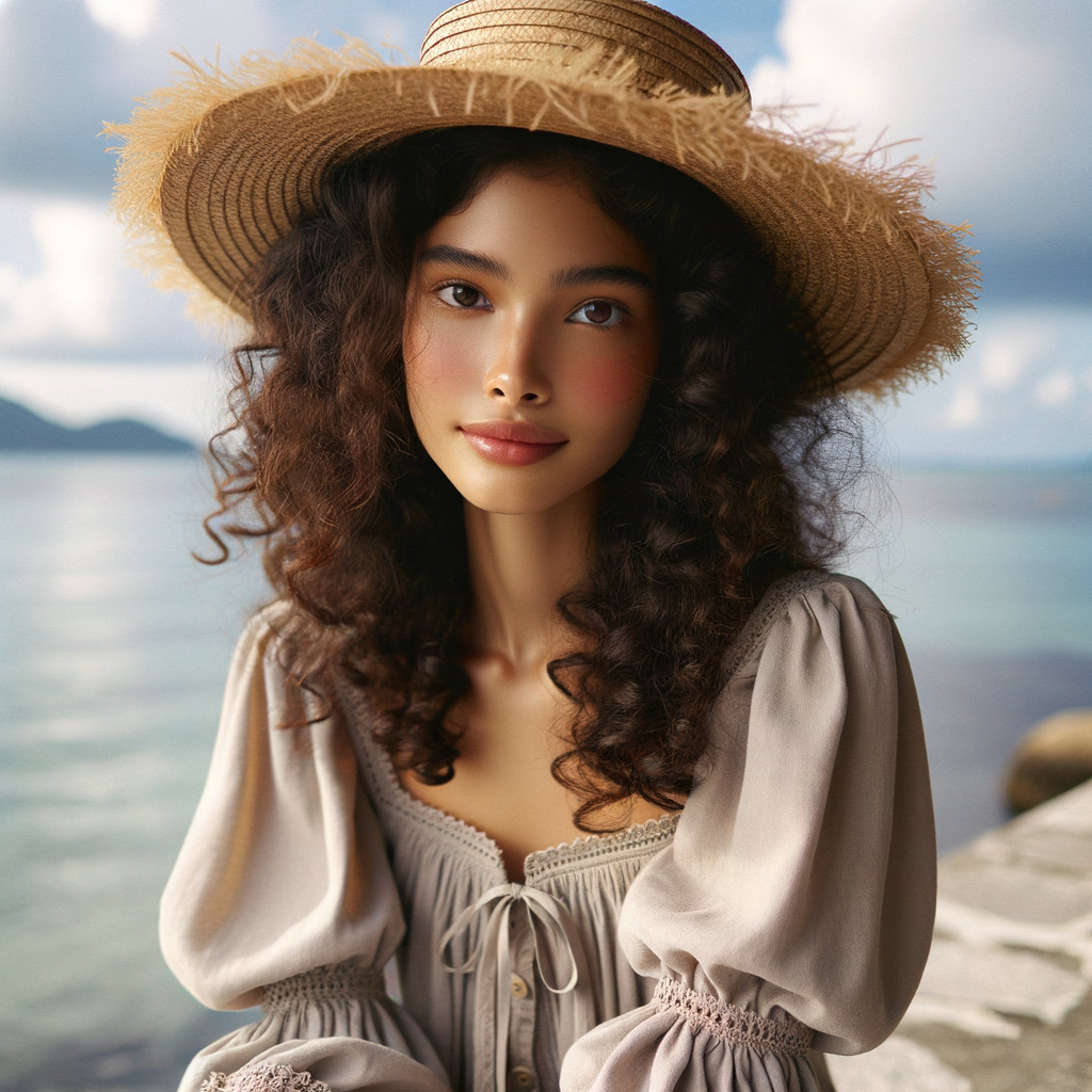 Young woman in straw hat by serene seascape