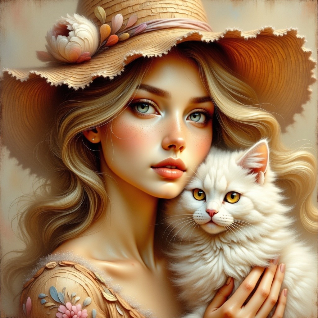 Young Woman with Cat in Floral Straw Hat