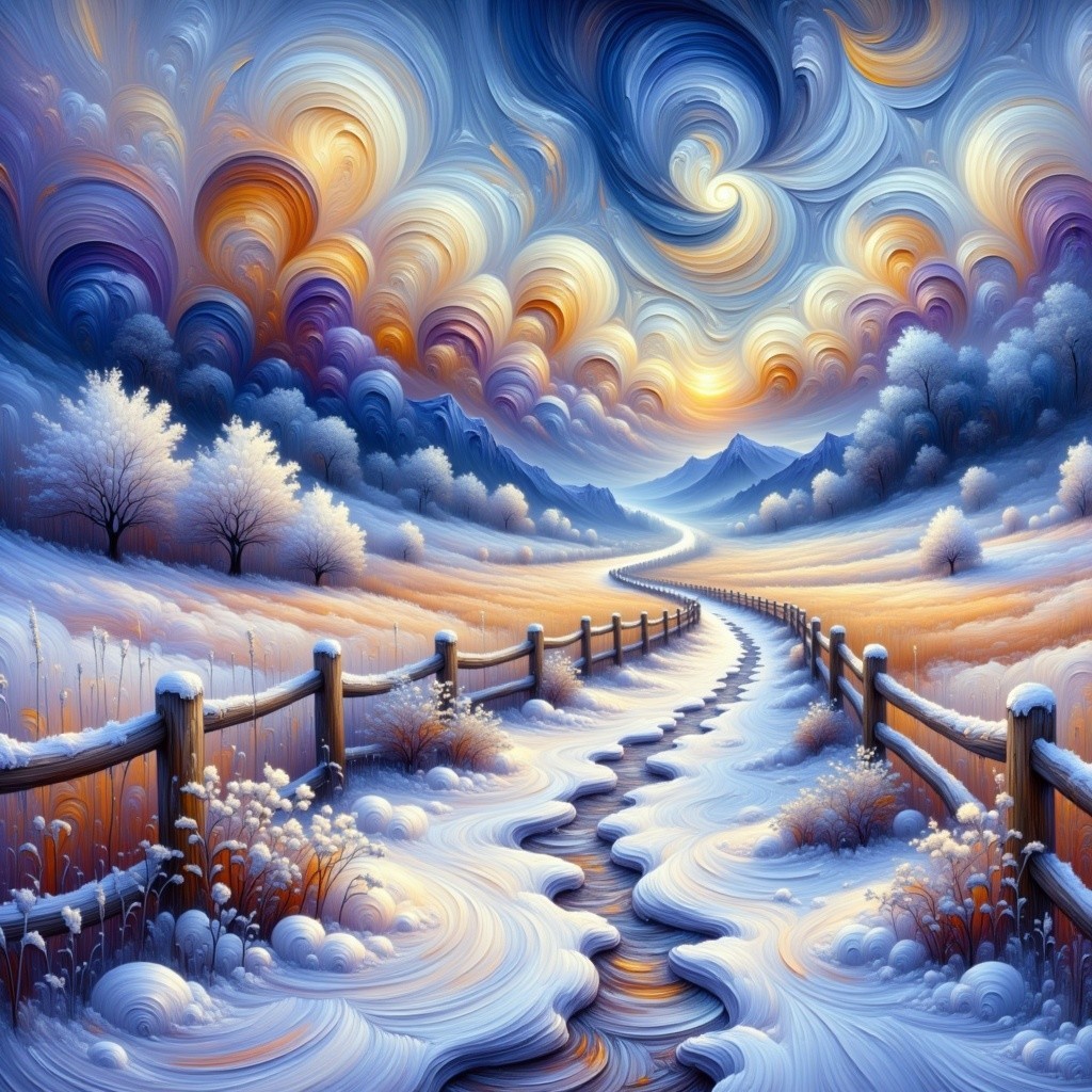 Serene Winter Landscape with Winding Snowy Pathway