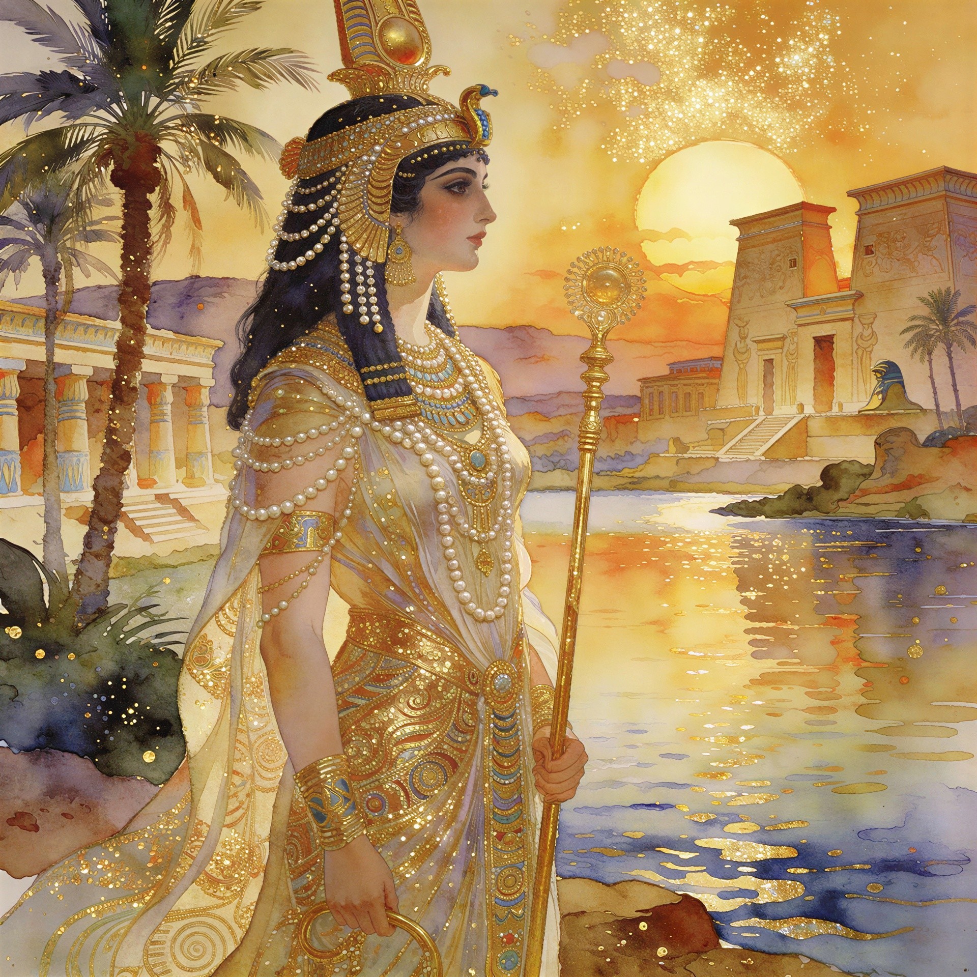 Watercolor Painting of an Egyptian Queen in Regalia
