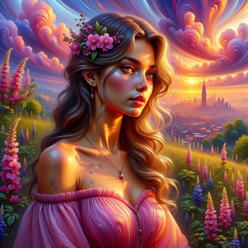 Young woman in pink dress with flowers at sunset