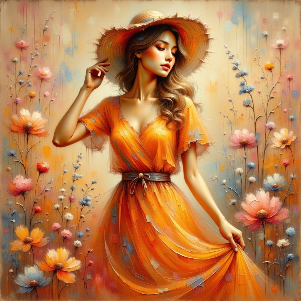 Serene Woman in Orange Dress Among Vibrant Flowers