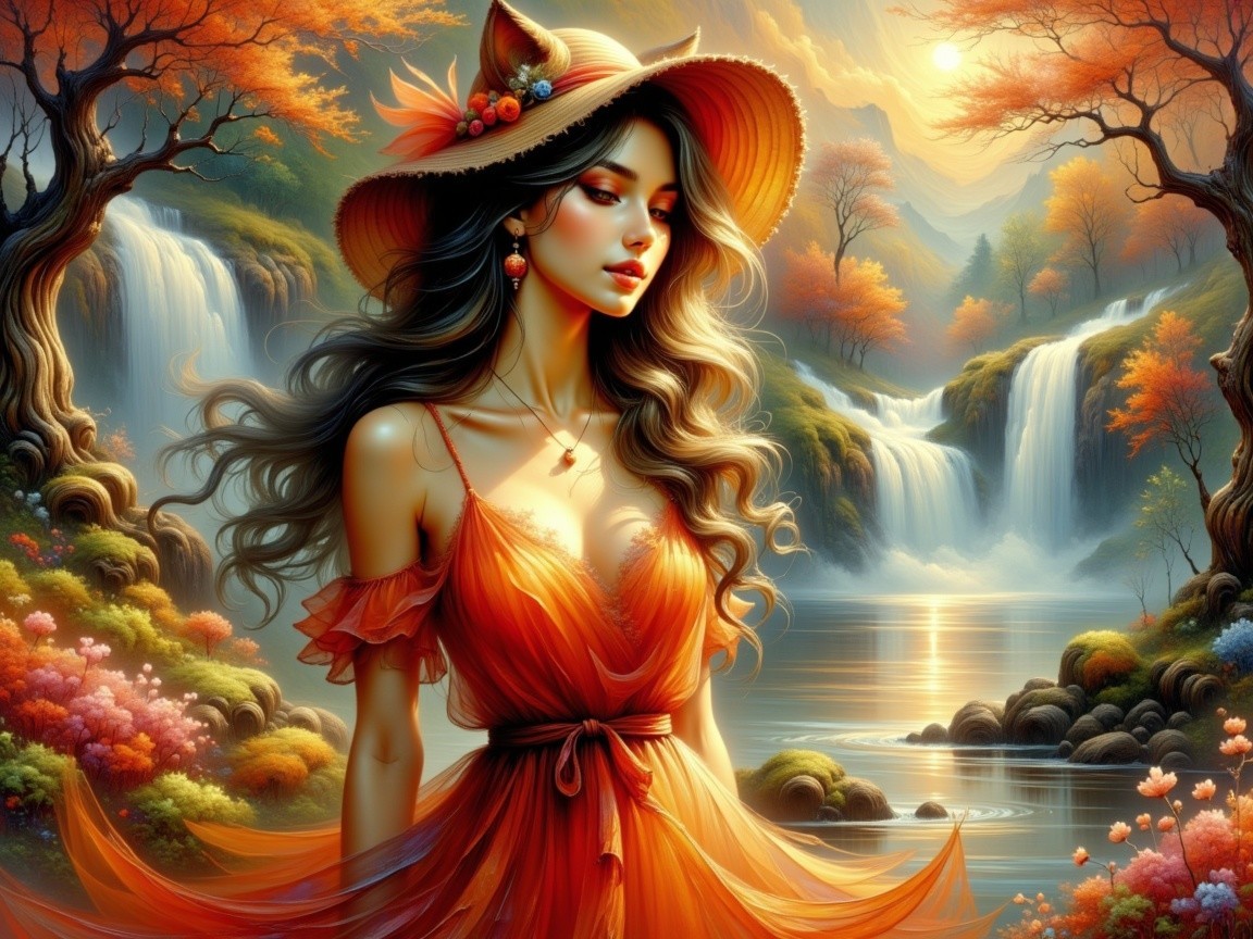 Serene Landscape with Waterfalls and Autumn Foliage