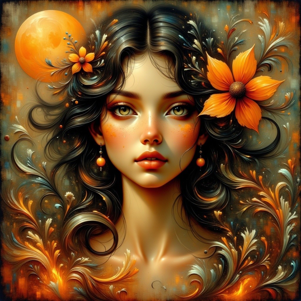 Portrait of a Young Woman with Orange Flowers and Moon