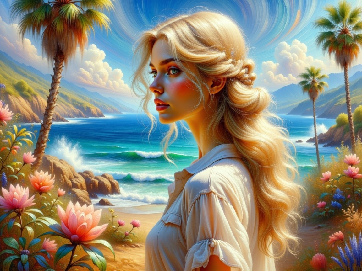 Serene Coastal Scene with Young Woman and Nature