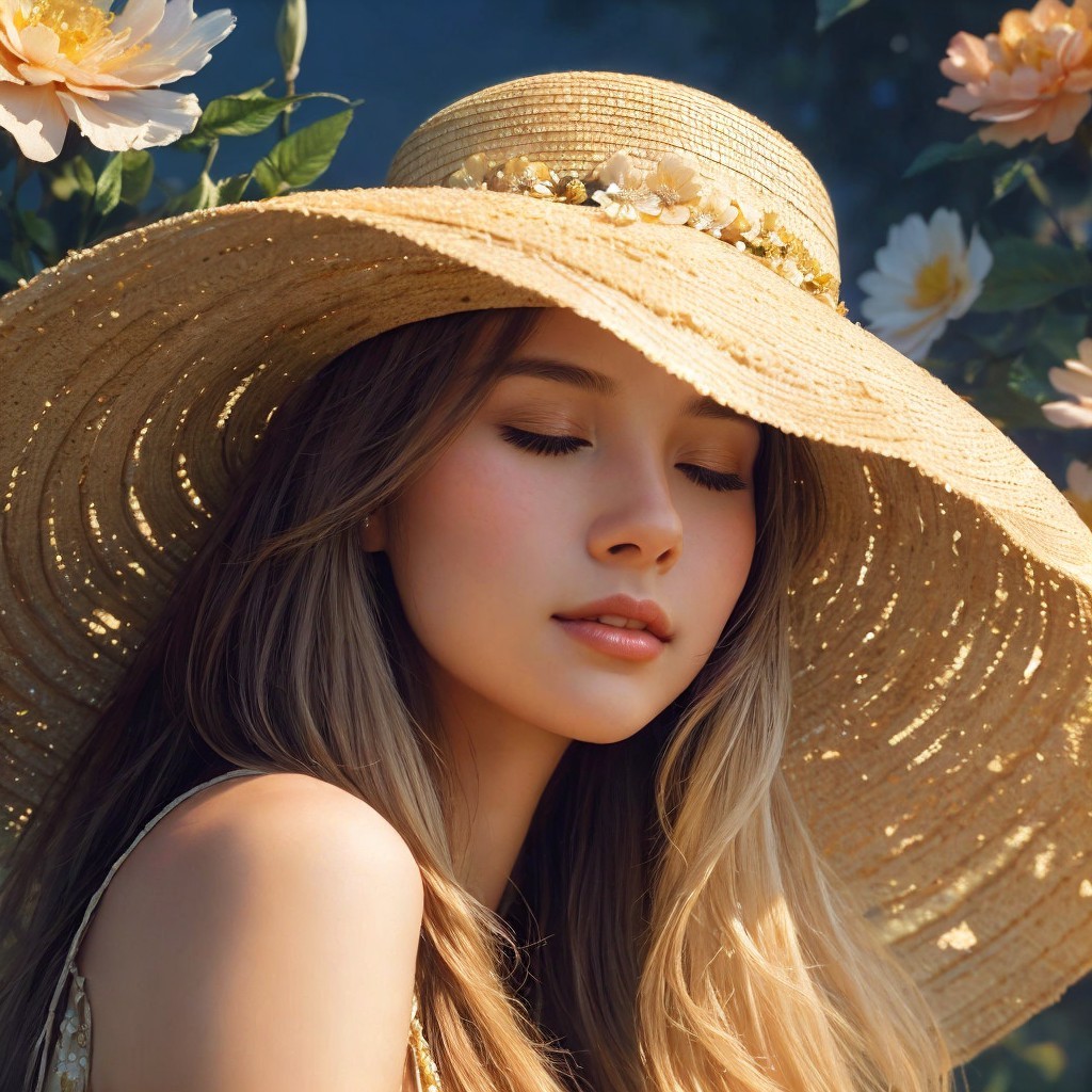 Young Woman in Straw Hat Surrounded by Nature