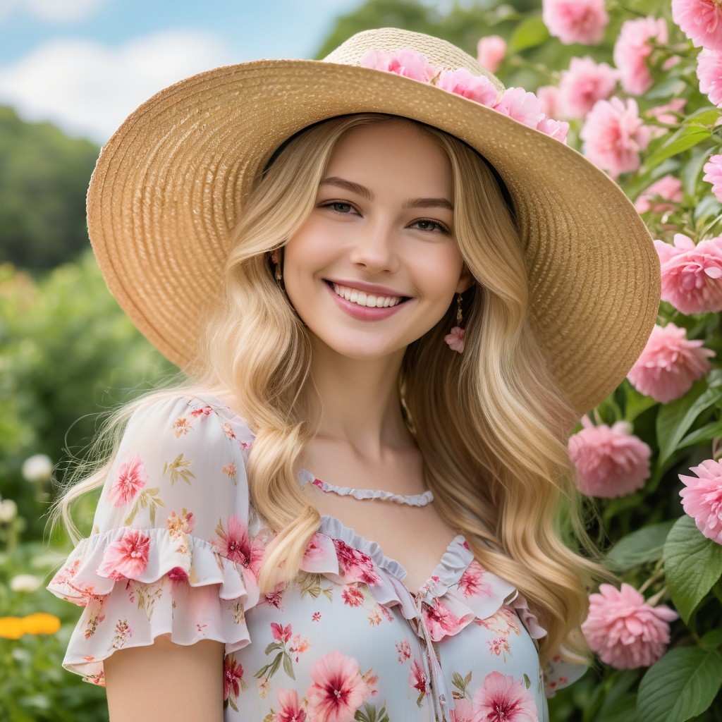 Young woman in floral blouse and straw hat in spring