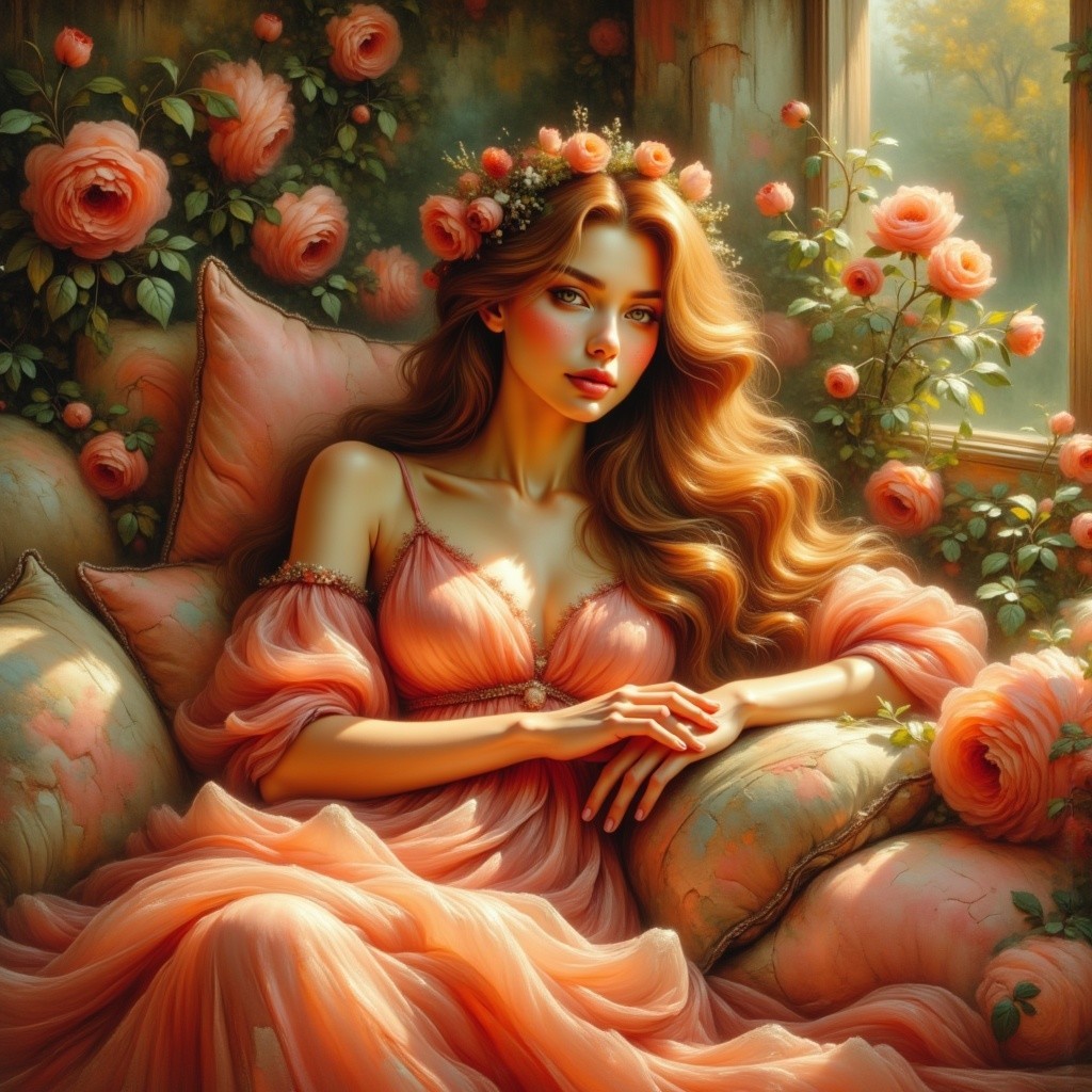 Young Woman in Floral Crown Surrounded by Roses
