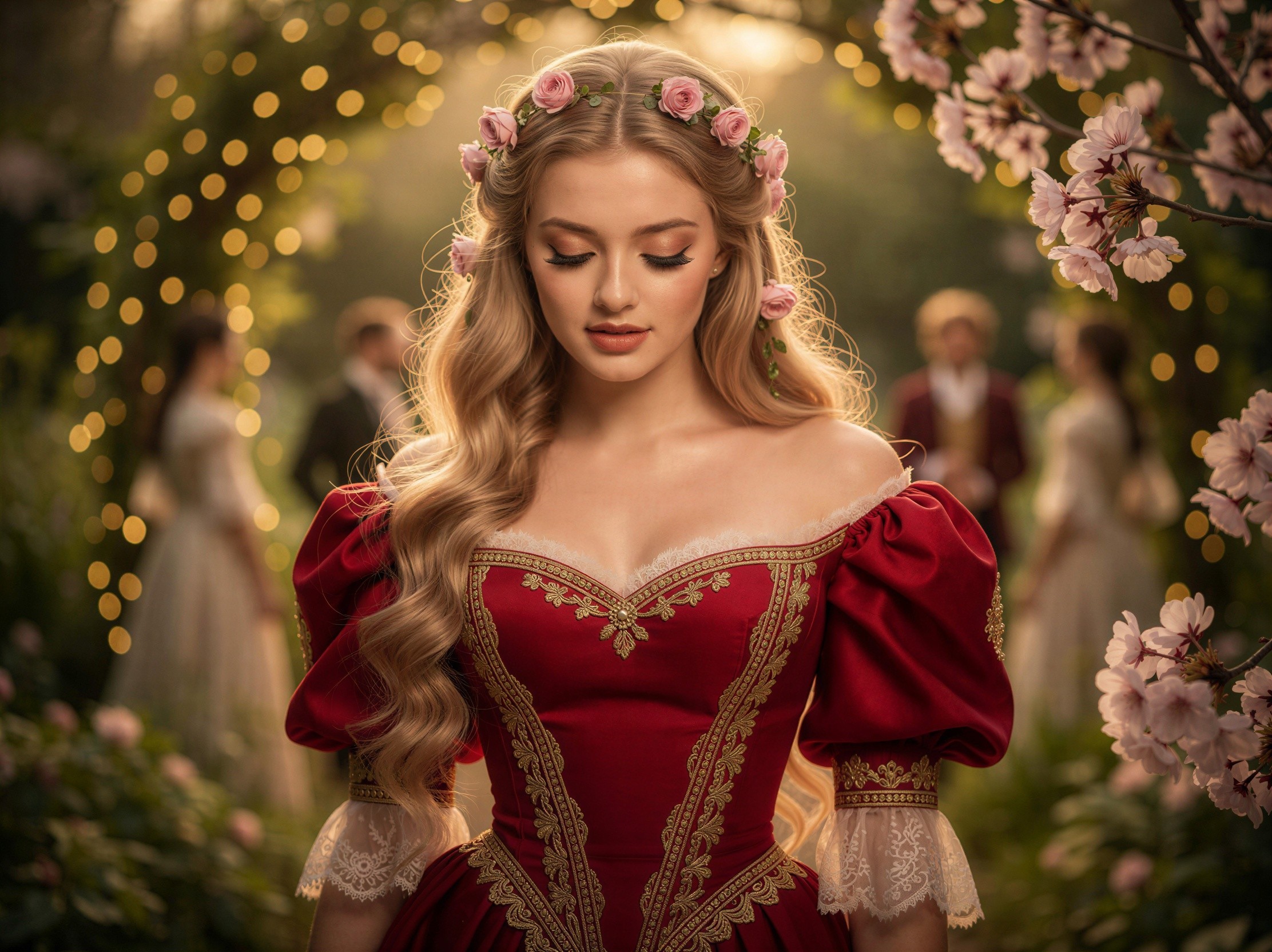 Blonde Woman in Renaissance Gown at Garden Party
