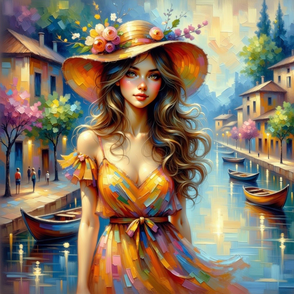 Young woman in colorful dress by serene canal scene