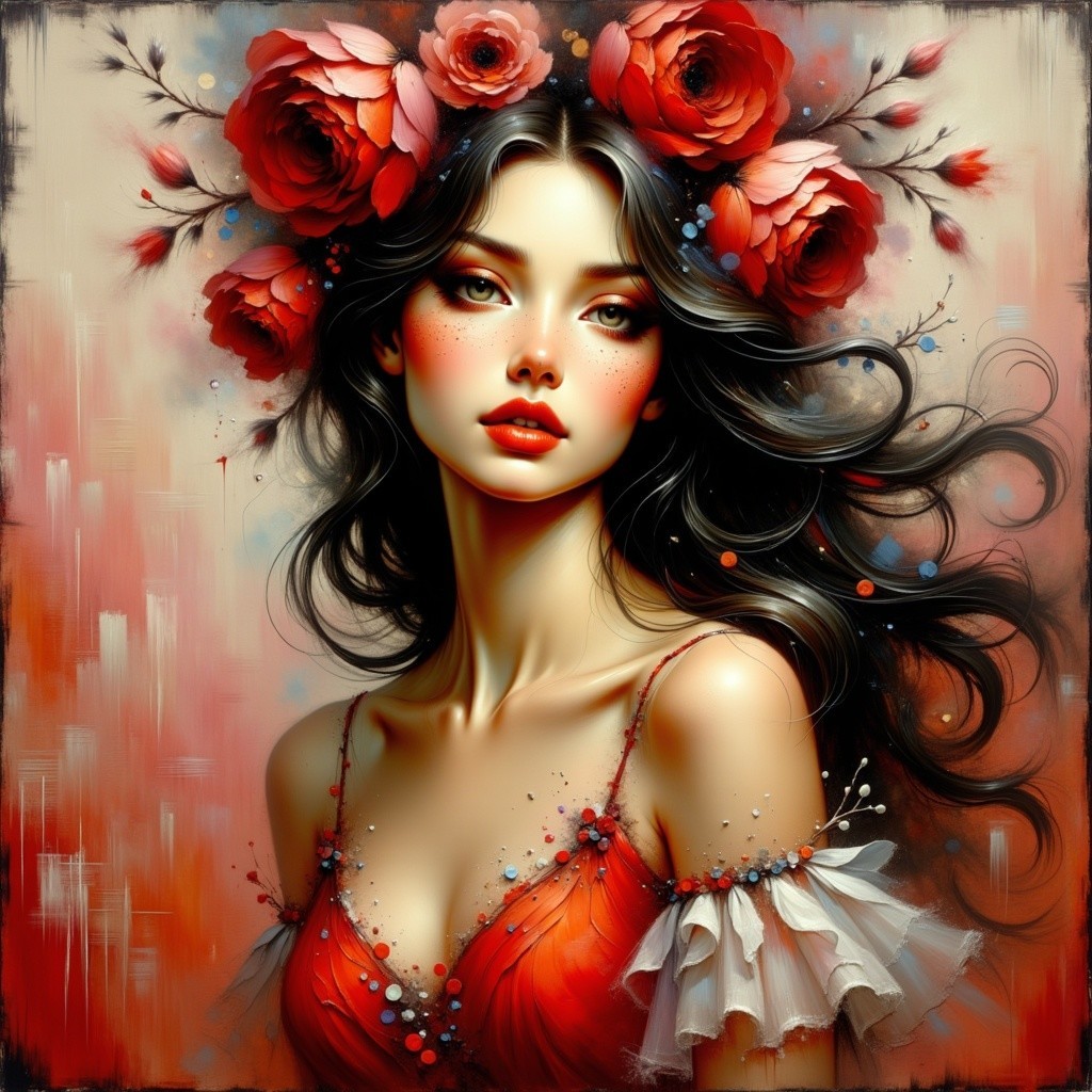 Portrait of a Young Woman with Red Roses and Dress