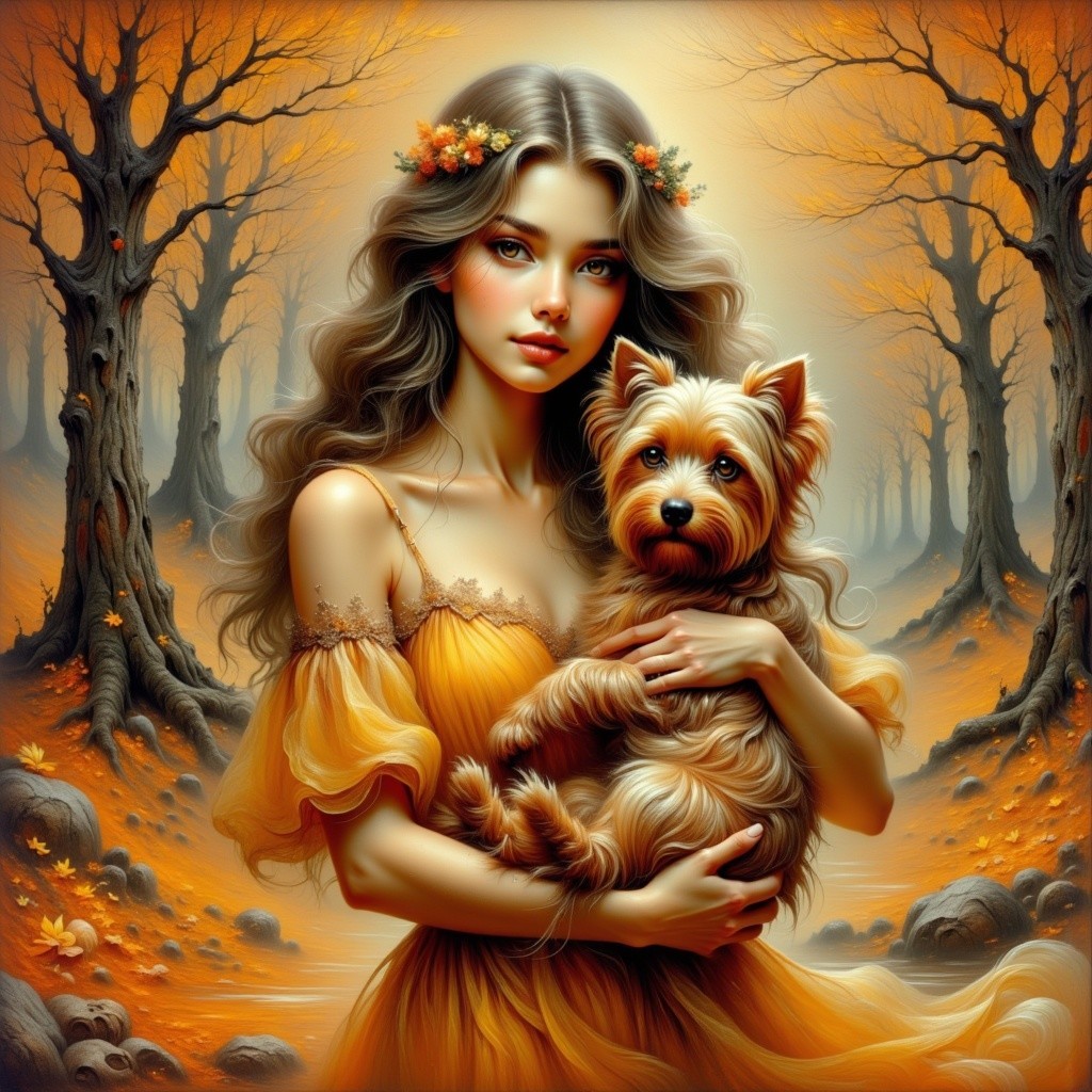 Autumn Landscape with Woman in Golden Dress and Dog