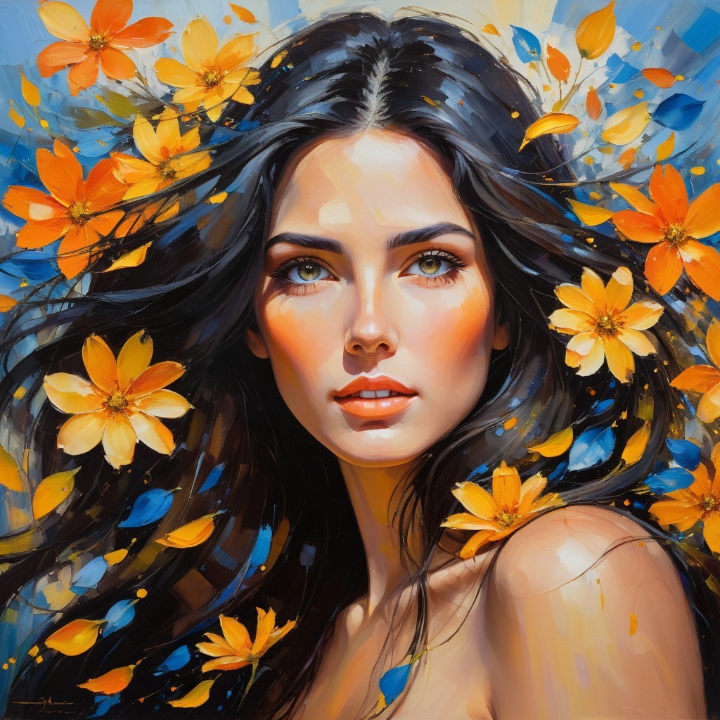 Young woman with black hair and colorful flowers