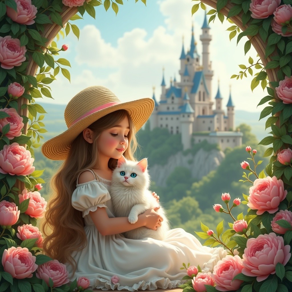 Young Girl with Cat by Castle Surrounded by Roses