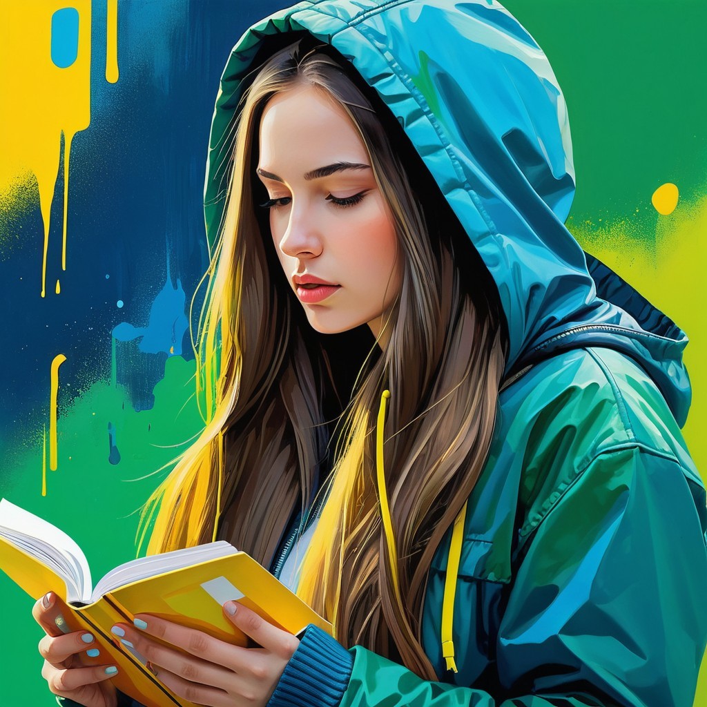 Young Woman in Teal Hoodie Reading a Yellow Book