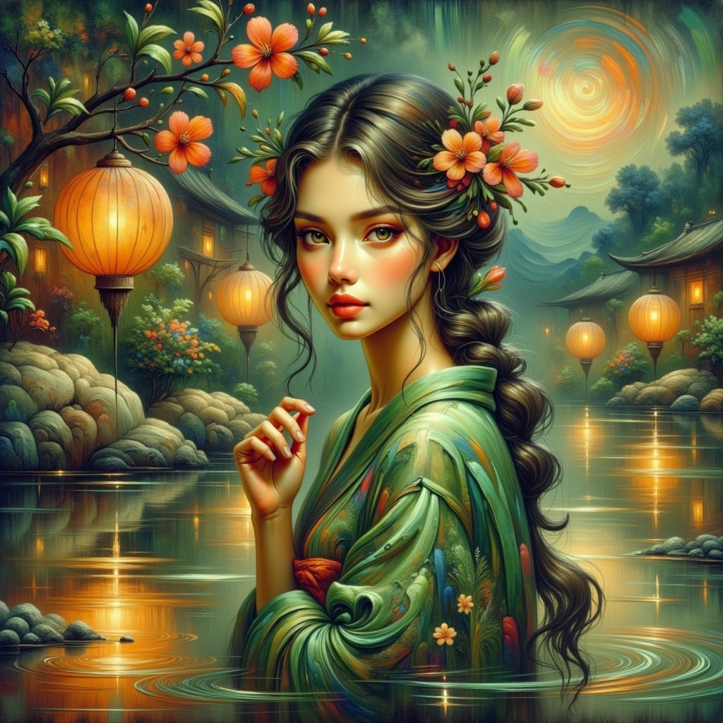 Serene Night Scene with Woman in Floral Kimono