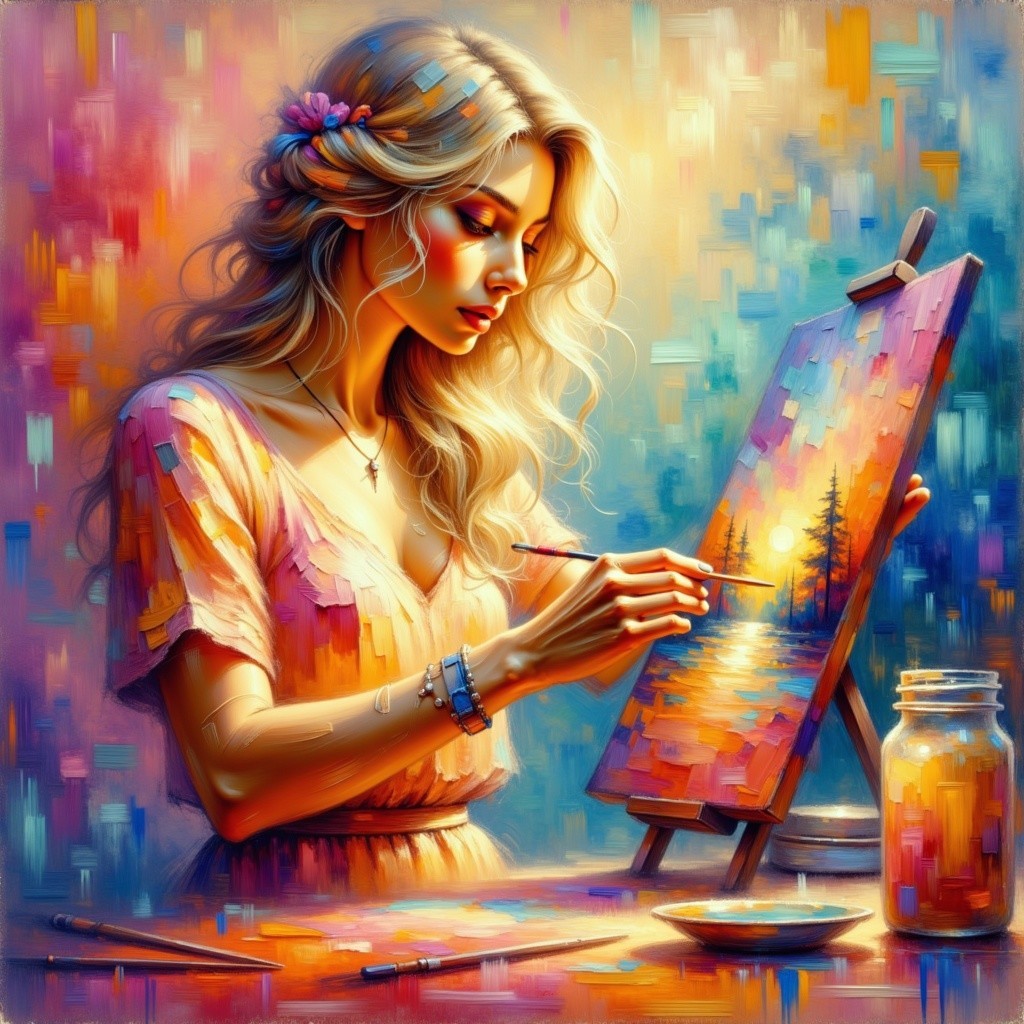 Young Woman Painting Vibrant Sunset Landscape Scene