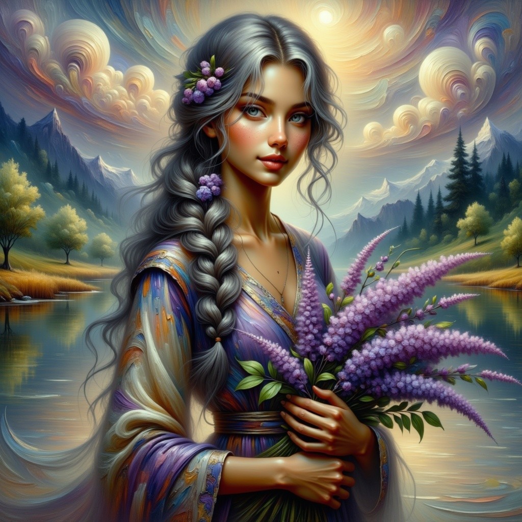 Young woman by lake with silver hair and flowers