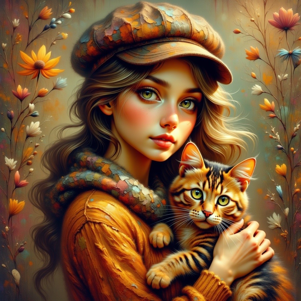 Young girl with tabby cat in autumn setting