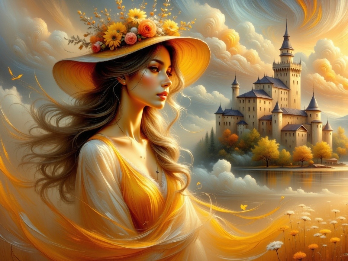 Serene woman in floral hat gazes at distant castle
