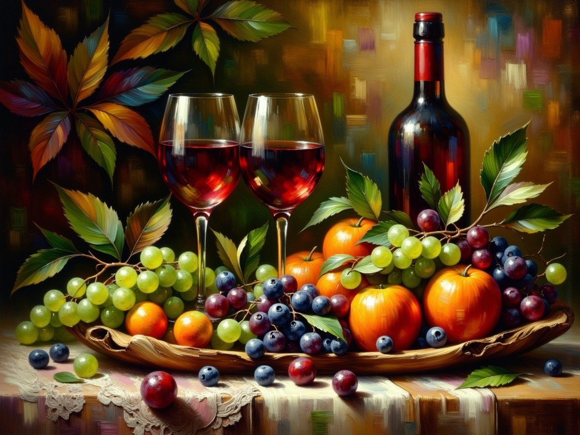 Vibrant Still Life with Fruits and Red Wine Glasses