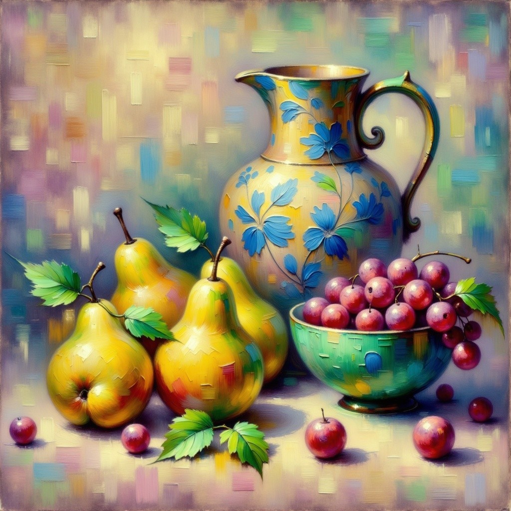 Vibrant Still Life with Jug, Pears, and Grapes