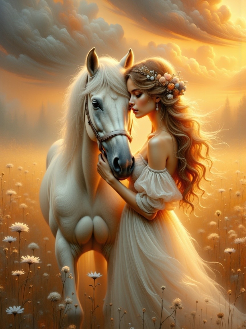 Young Woman Embraces White Horse in Golden Landscape