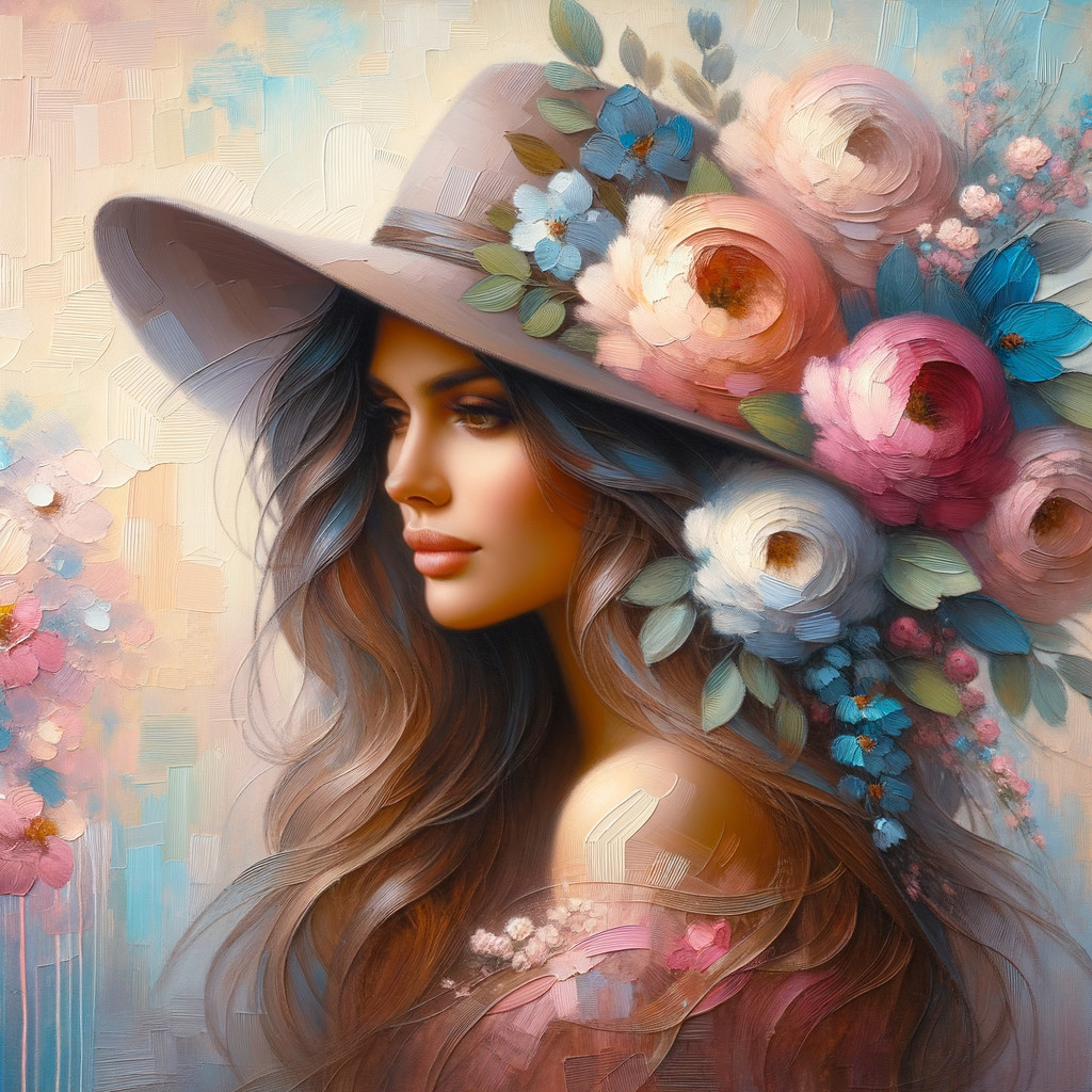 Portrait of a Woman with Floral Accents and Hat