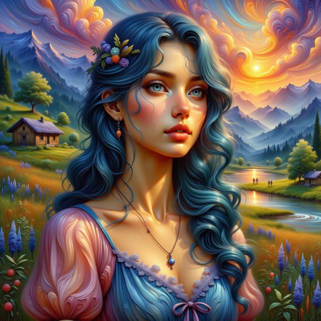 Serene Landscape with Young Woman and Vibrant Sky